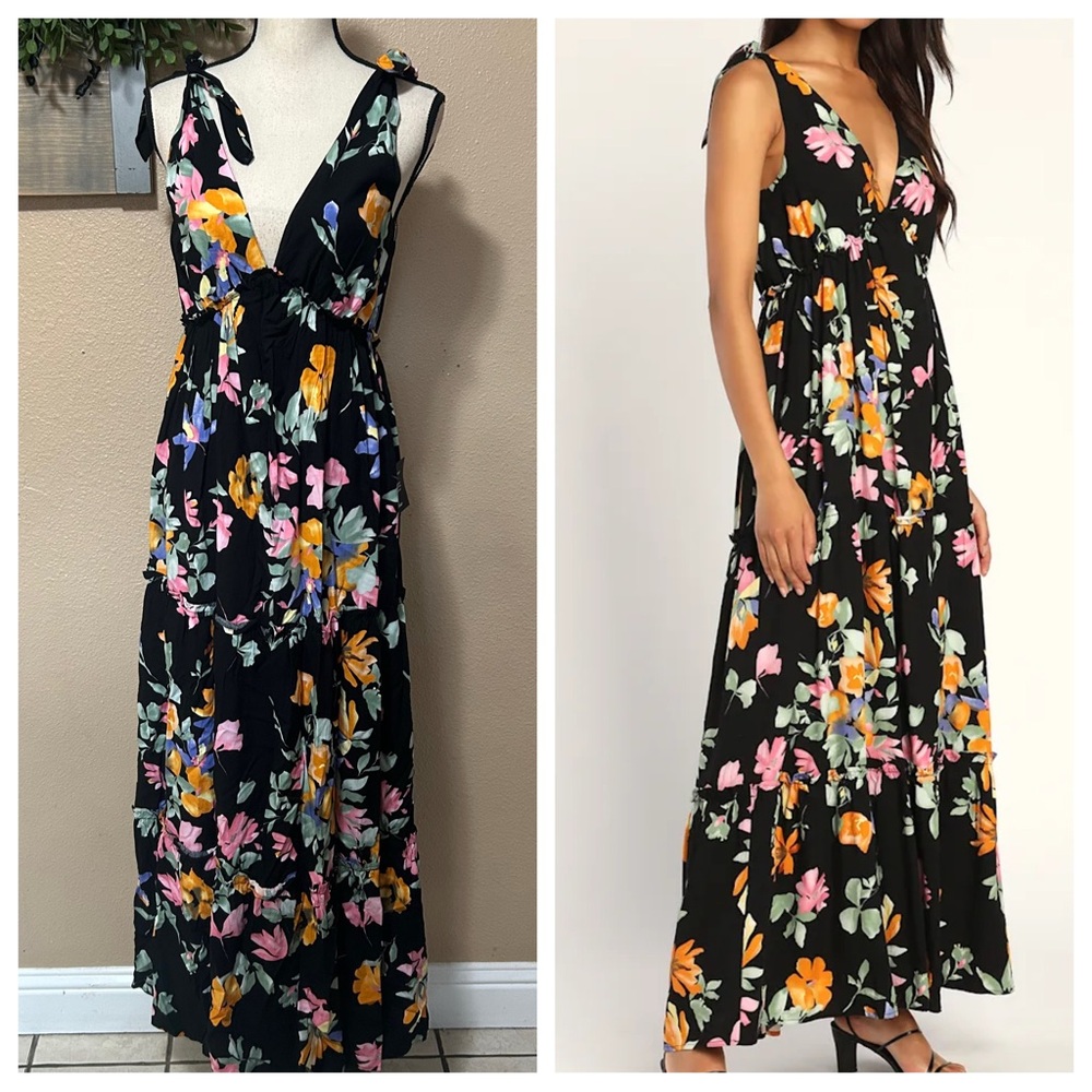 Lulus Beloved Bae Black Floral Print Tie-Strap Tiered Maxi Dress